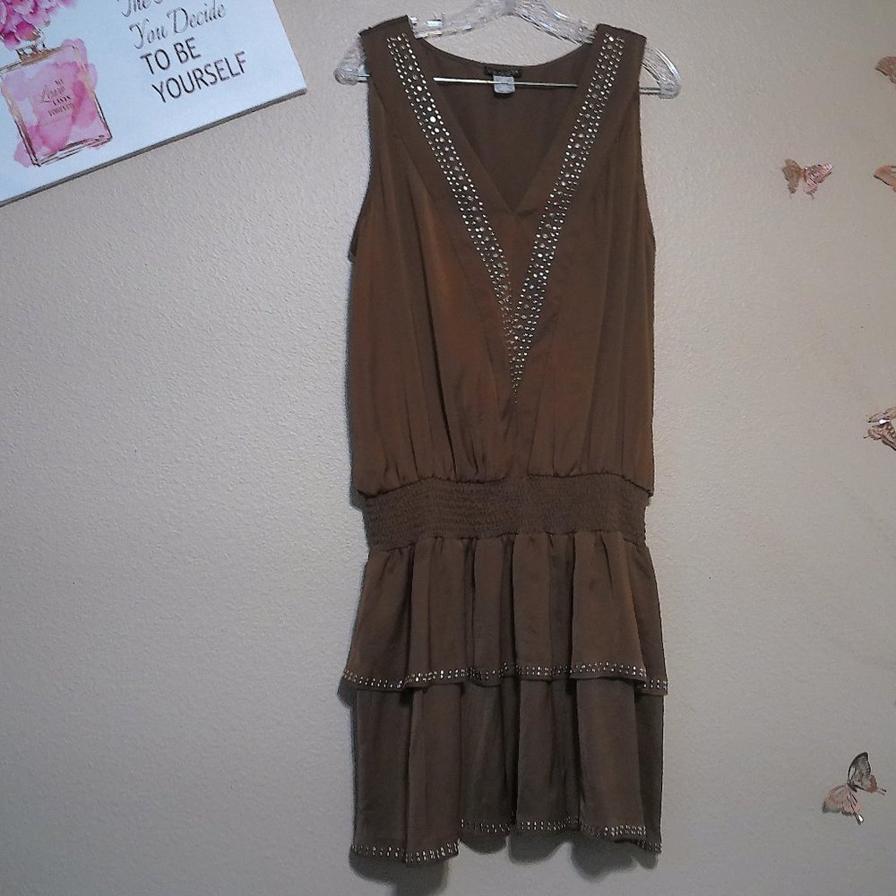 Rich Brown Stud Embellished V Neck Smock Waist Sleeveless Dress SZ XL by Venus